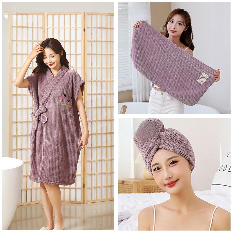 

Набор из 3 банных полотенец, шапка для сухих волос, полотенца, новый стиль, банный халат с ананасом, для путешествий, отдыха, отдыха, банное полотенце, утолщенный коралловый бархатный женский халат 3 Pcs of set фиолетовый