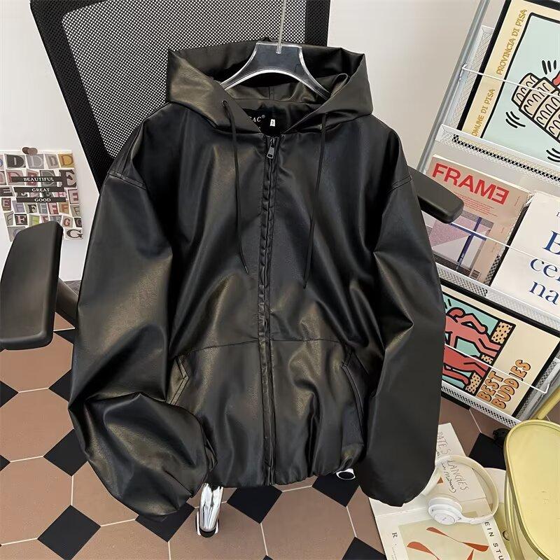Short and wide hooded leather jacket men's spring and autumn cleanfit American ruffian handsome high-end silhouette loose PU leather jacket