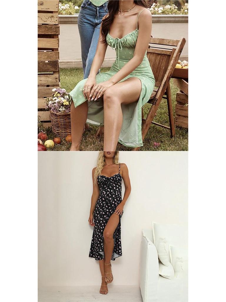 2026 Spring European & American Women's Sexy Printed Lace-up Slit Camisole Dress