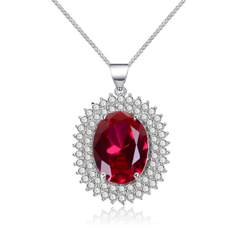 Ladies  Oval Shaped Artificial Ruby Pendant Necklace, Double Layered Inlaid with Synthetic Zircon, Fashionable Banquet Jewelry