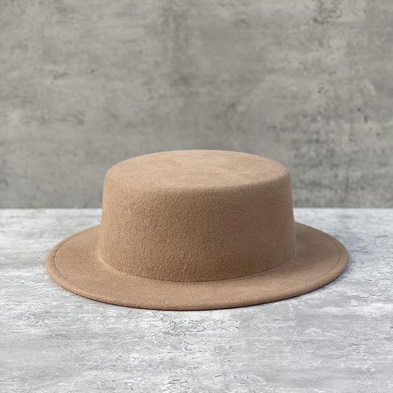 Autumn And Winter New White Light Board Wool Top Hat Women'S Versatile Flat Top Width Along The British Fashion Simple French Felt Hat
