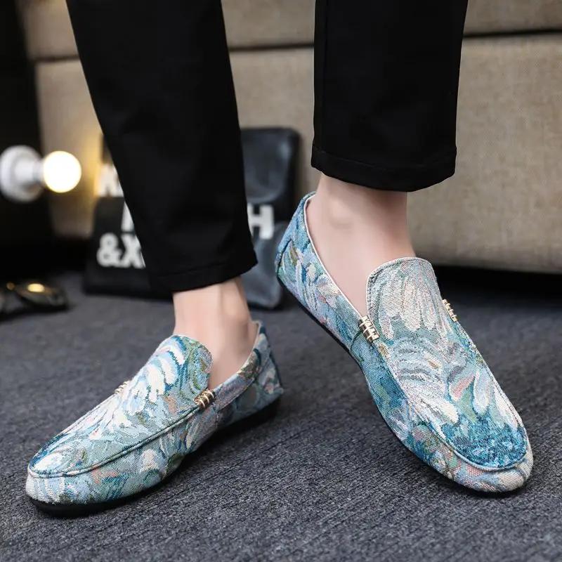 Fashion Sneakers Ethnic Style Canvas Summer Flower Printing Man Shoe Common Hiking Elegant On Sale Retro Low Price Casual Shoes for Men
