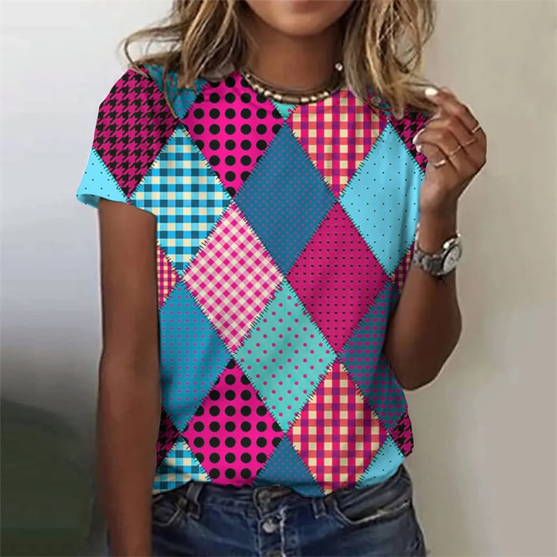 Stripe grid retro pattern 3D printed T-shirt for women's round neck T-shirt