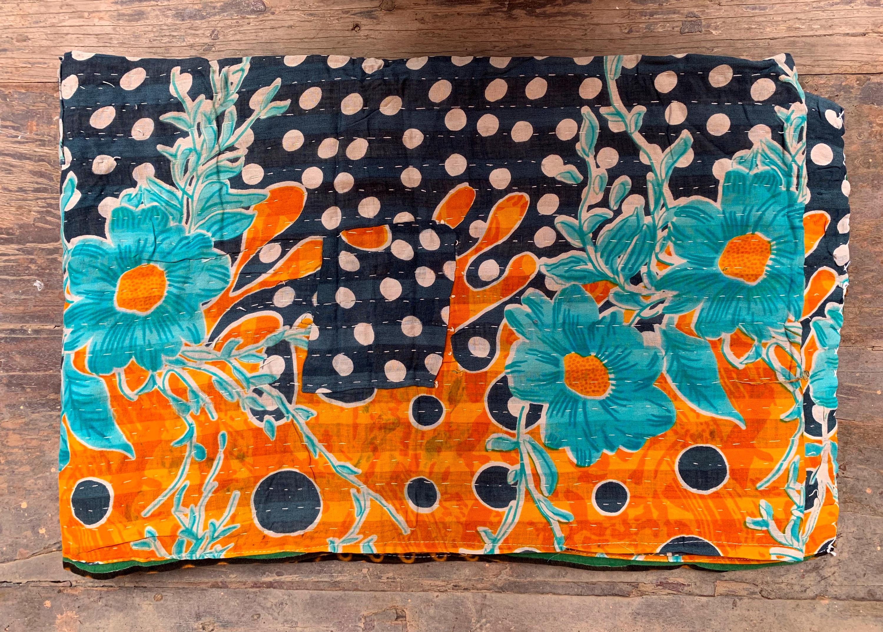 Handmade Kantha Quilt: Orange Floral Polka Dot Reversible Throw 80X 50