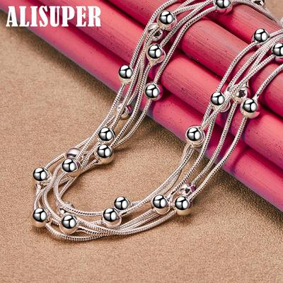 925 Sterling Silver Multi Snake Chain Smooth Beads Necklace Jewelry