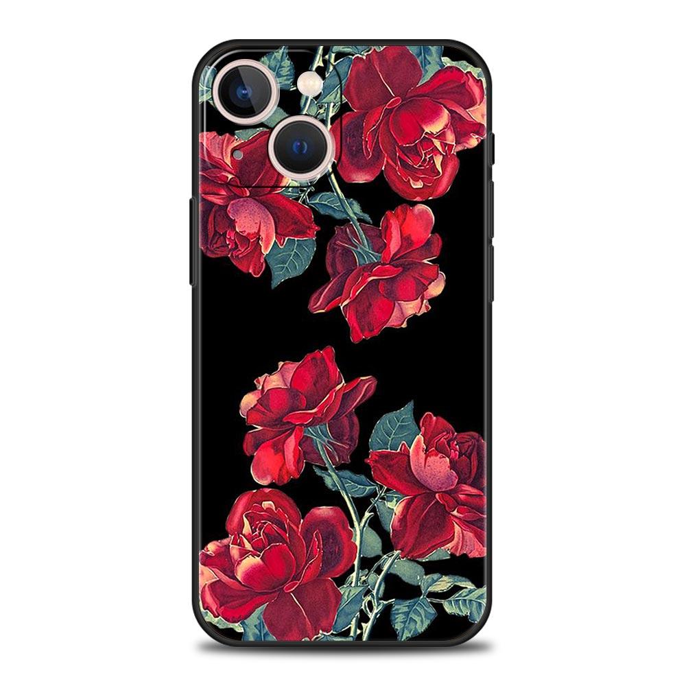 flower 12 Luxury Phone Case For iPhone 13 15 14 12 Mini 11 Pro MAX XR X SE XS 7 8 Plus Silicone Black Protection Cover