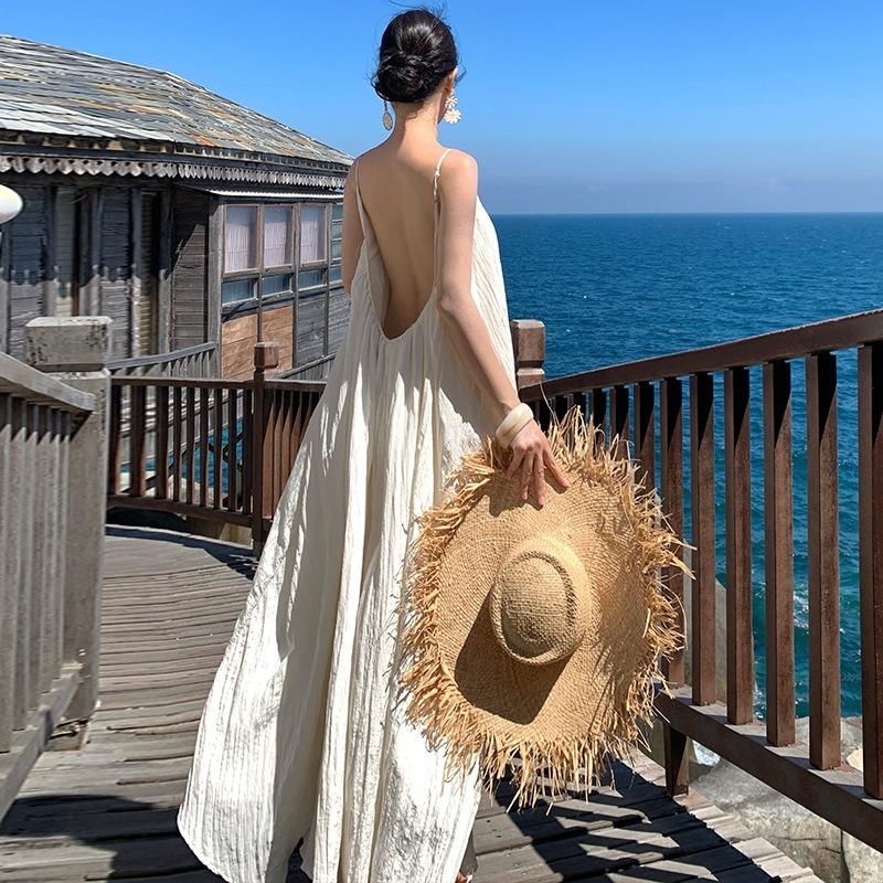 Summer Island Wear Seaside Vacation Suspender Muse Skirt Large Size Sleeveless Halter Dress White Loose Long Dress