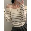 Koreański Szykowny Dzianinowy Top w Paski z Długim Rękawem z Dekoltem Odkrywającym Ramiona i Wiązaniem