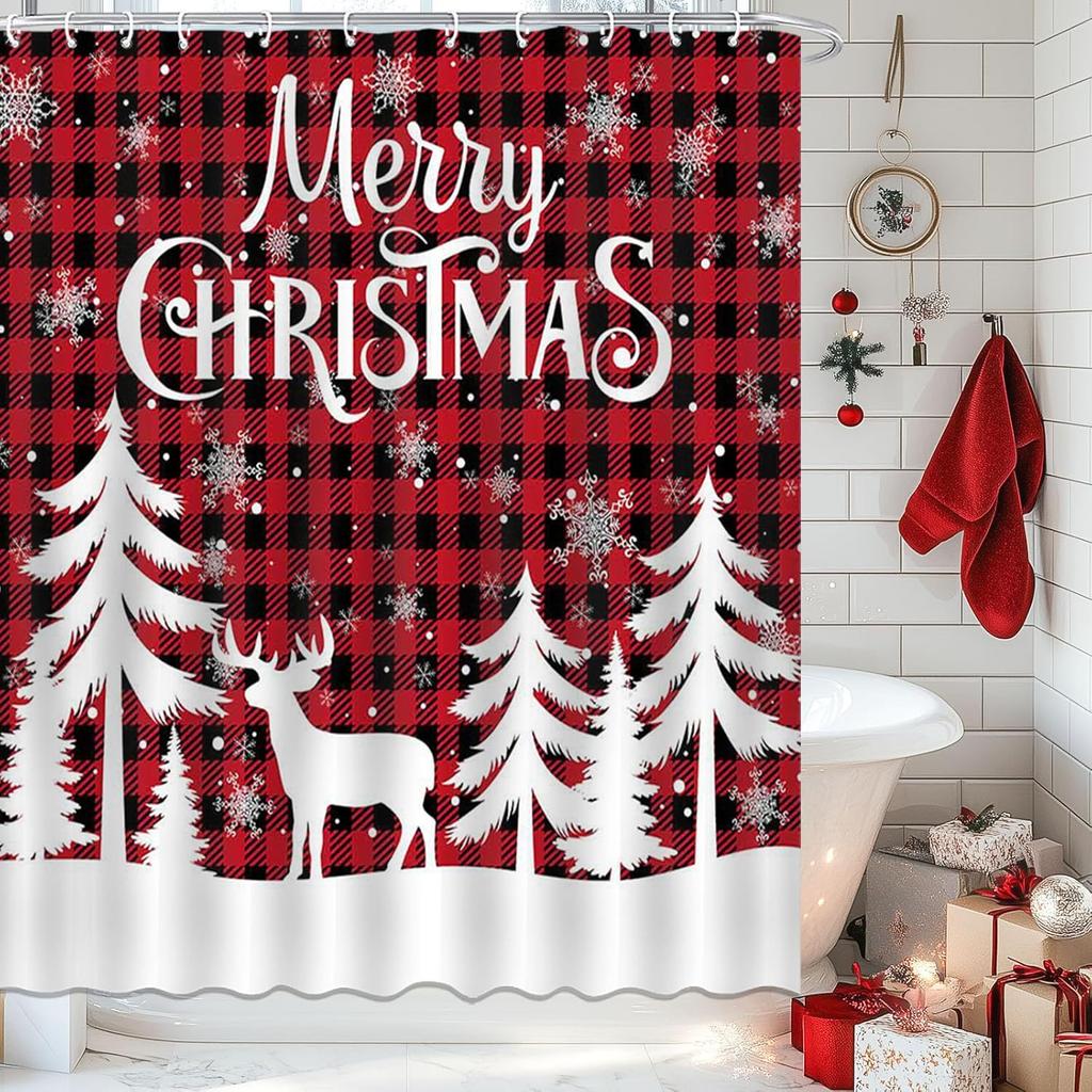 Red Christmas Shower Merry Christmas Red Buffalo Check Plaid Christmas Trees Snowflake Shower Curtain Bathroom Bathtub Curtain