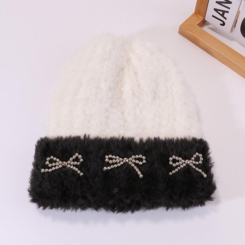 Autumn and Winter Warm Plush Hat for Women with Bow Knitted Hat Outdoor Cold Color Proof Pullover Hat Ear Protection Korean Cold Hat