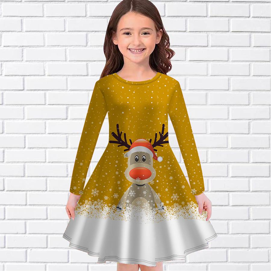 Girl Casual Christmas Reindeer Print Round Neck Long Sleeve Dress Kid Princess Dress