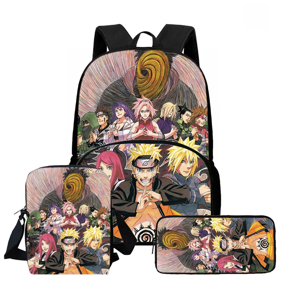 3Pcs Set School Backpack with Front Pocket, Crossbody Bag & Pencil Bag, Cartoon NARUTO, Lightweight for Boys & Girls Ages 6-10