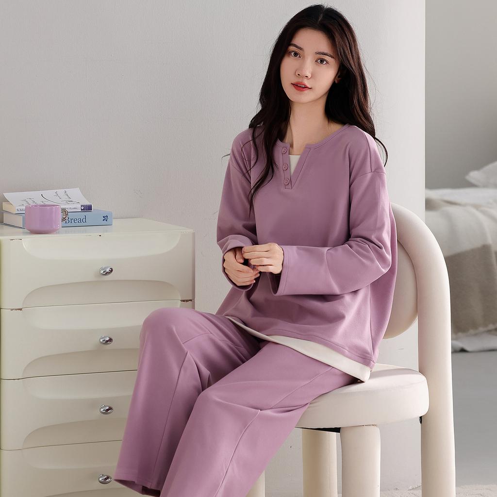 German Velvet Pajamas Women'S Autumn And Winter Thin Velvet Fake Two-Piece Simple Pullover Long-Sleeved Warm Loungewear Set