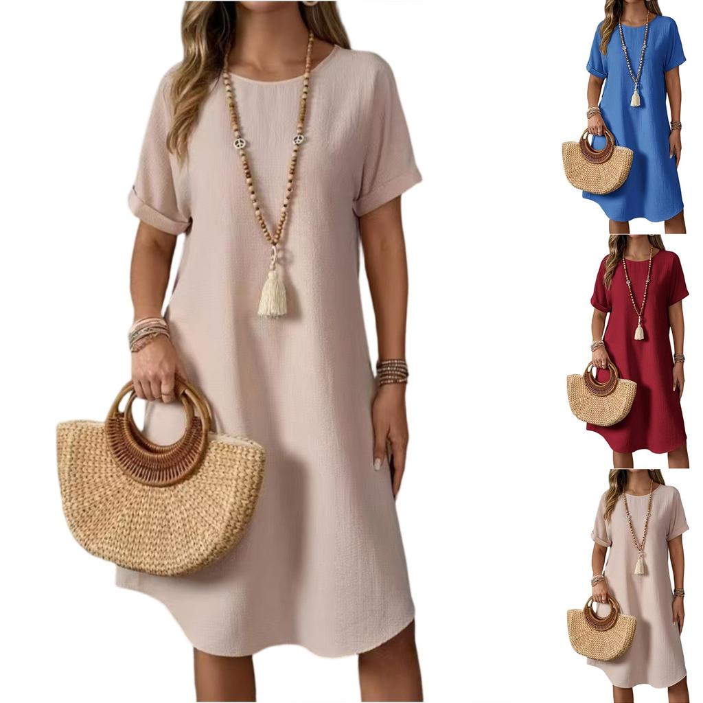 Women's Summer Casual Solid Color Round Neck Short Sleeve Mid-length Loose Dress