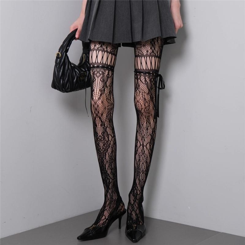 Women Patterned Fishnet Thigh High Stockings Suspender Pantyhose Garter Belt Tights Sheer Mesh Tights Pantyhose Hosiery