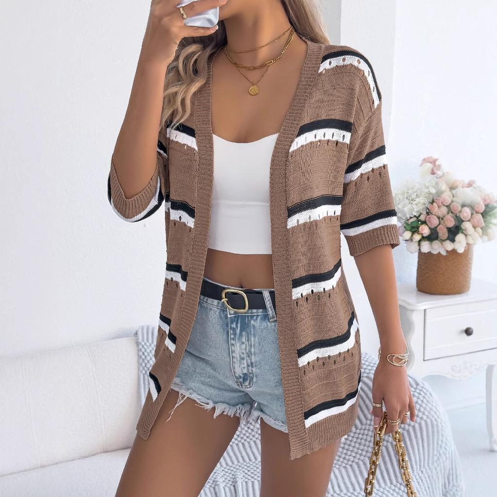 HNXC Spring Summer Casual Striped Cutout Mid-sleeved Knitted Sweater Vacation Cardigan Women's Wear