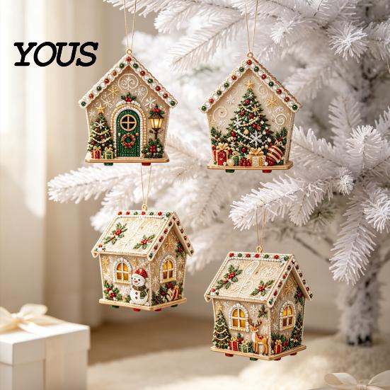 DIY Faux Pearl Bead Craft Set Christmas Art Ornament Kit, Wooden House Snowman Holiday Hanging Decoration Supplies Santa Reindeer Pattern, Handmade