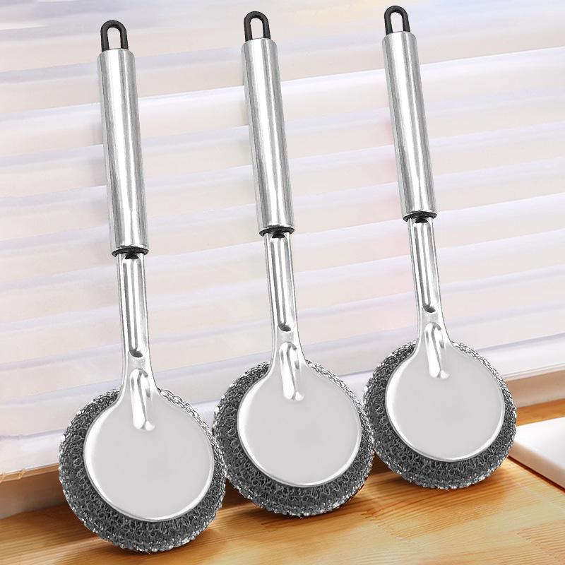 Extended Stainless Steel Pot Brush with Handle Household Long Handle Steel Wire Ball Brush, Kitchen Cleaning Brush Steel Wire  Brush