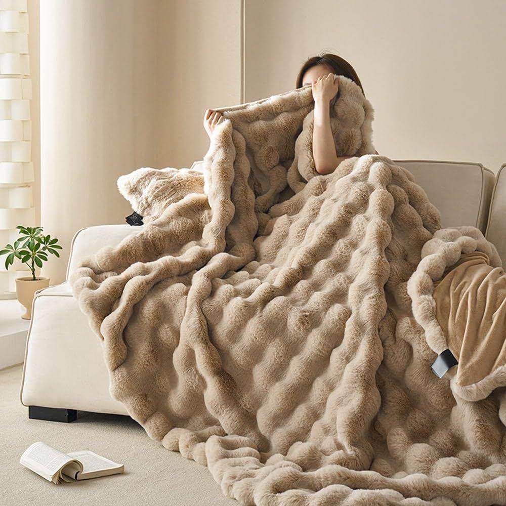 Luxus Doppellagige Kunsthasenfell Fleece-Decke - Weich, Dick, Warm und Leicht; Perfekt für Wohnzimmer, Schlafzimmer oder Sofa.