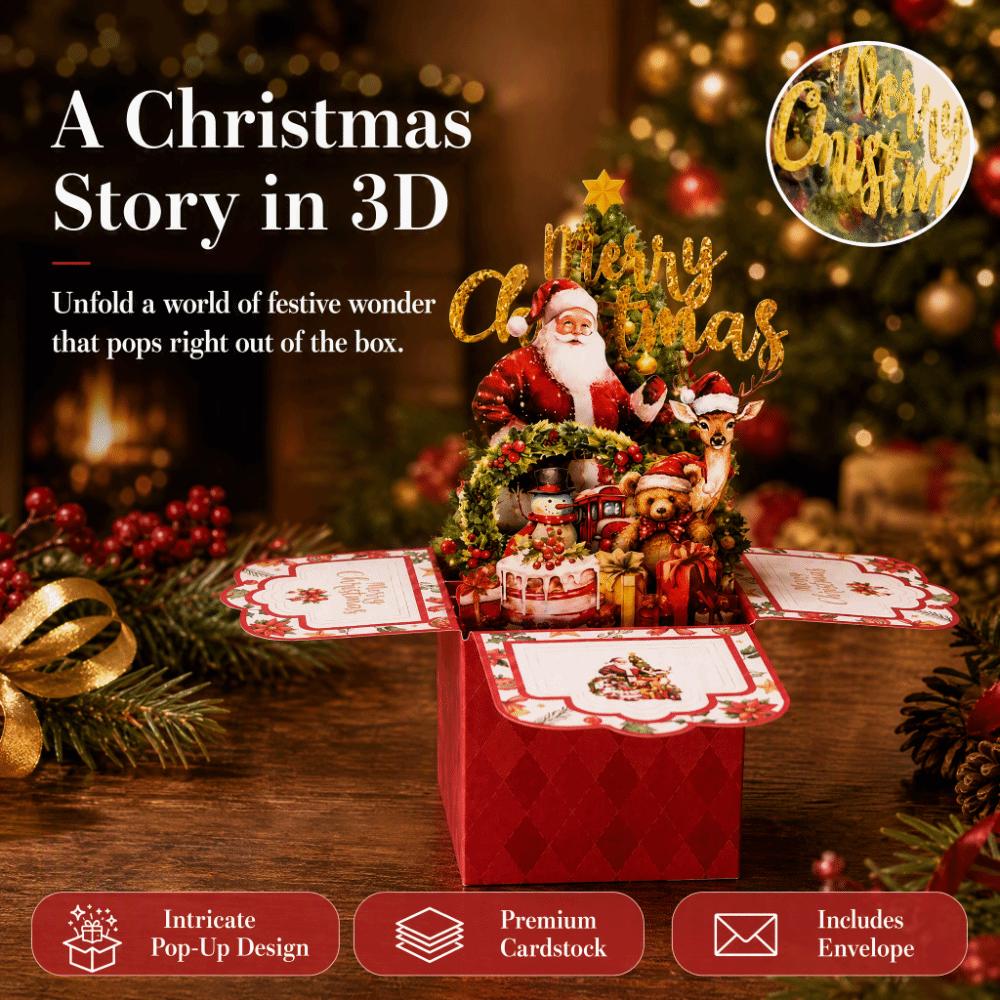 Cartoon Pattern 3D Pop Up Card 4-Layer Holiday Postcard Vintage Christmas Greeting Card Office
