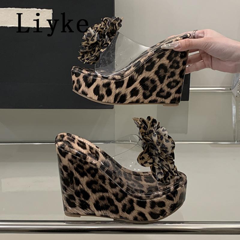 Fashion Liyke Sexy Leopard Print Platform High Heels Wedges Slippers For Woman Fashion Big Flowers Summer Transparent Sandal Female Shoe
