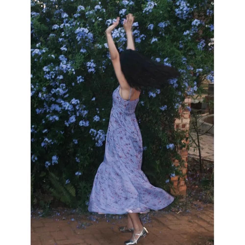 Blue floral slip dress women's summer casual temperament V-neck backless resort beach dress