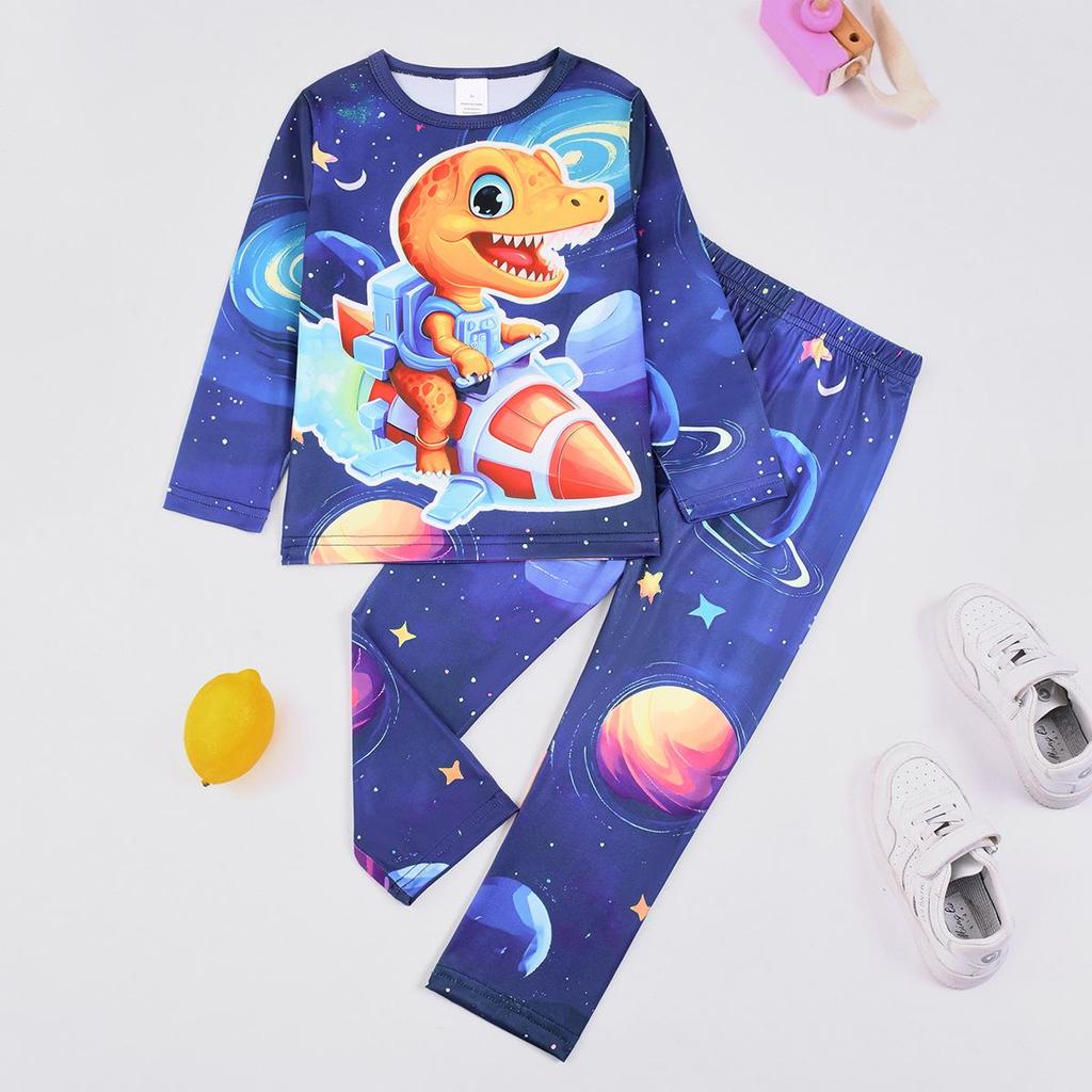 Flame-Retardant Milk Silk Kids' Dinosaur Pajama Set - Green Fluorescent, Long Sleeve & Pants