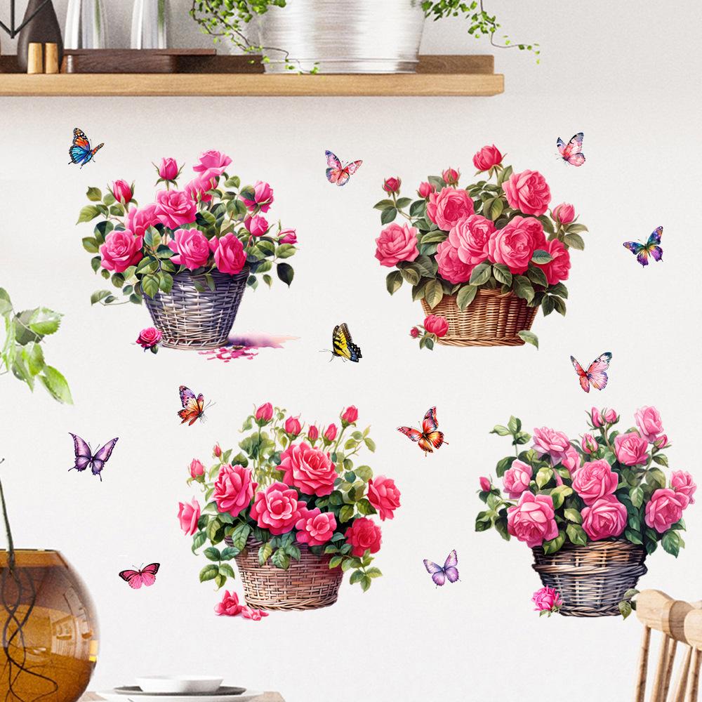 Sunflower, Rose, Blue & Green Radish Wall Sticker, Self-Adhesive Hanging Basket, Decorative for Living Room & Bedroom