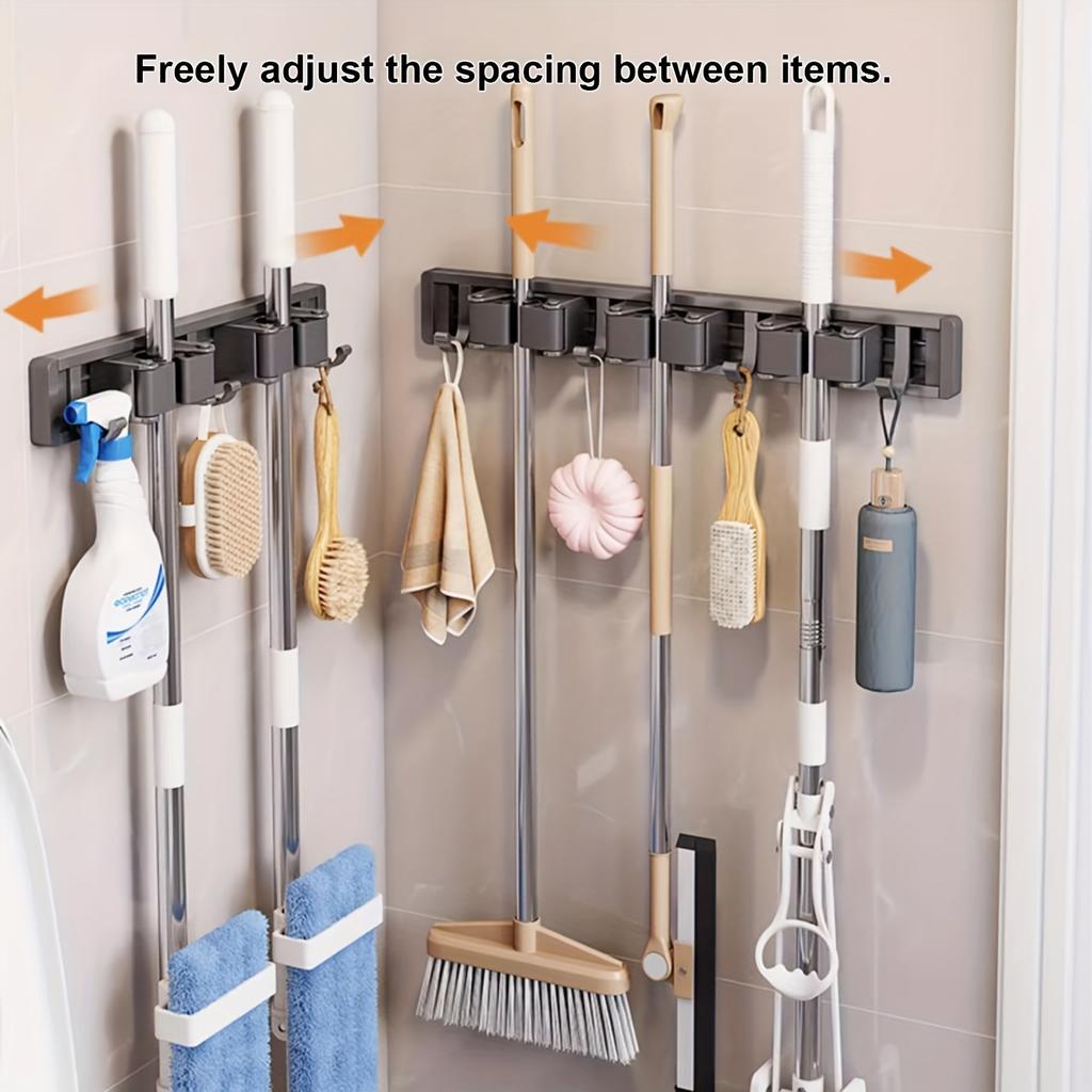 Heavy Duty Metal Mop and Broom Holder with Adjustable Hooks, Wall Mounted Organizer Shelf for Home, Kitchen, Garden, Laundry Room, Garage