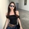 One-word Shoulder Streamer White Short-sleeved T-shirt Women's Summer Slim-fit Design Sense Chic Hottie Slim Short Top