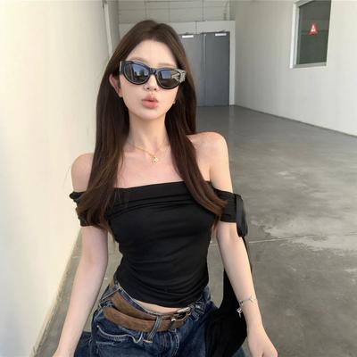 One-word Shoulder Streamer White Short-sleeved T-shirt Women's Summer Slim-fit Design Sense Chic Hottie Slim Short Top