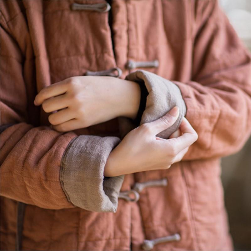 Johnature Damskie Vintage Zimowe Ciepłe Jednokolorowe Płaszcze Zimowe Guziki Kieszenie Płaszcze