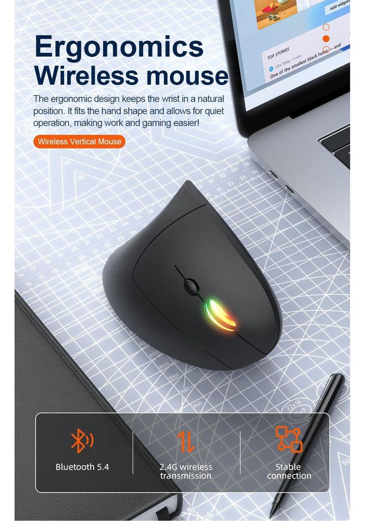 In Stock Bluetooth Dual Mode Right-Hand Vertical Ergonomic Wireless Mouse, Silent & Rechargeable - Fifth Generation