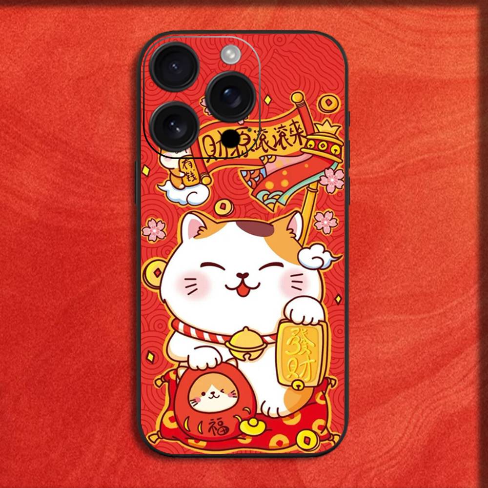 Phone Case For iPhone 16,15,14,13,12,11,Pro,XS,Max,XR,Plus,E,Mini Maneki Neko Lucky Money Cat Black Shockproof Cover