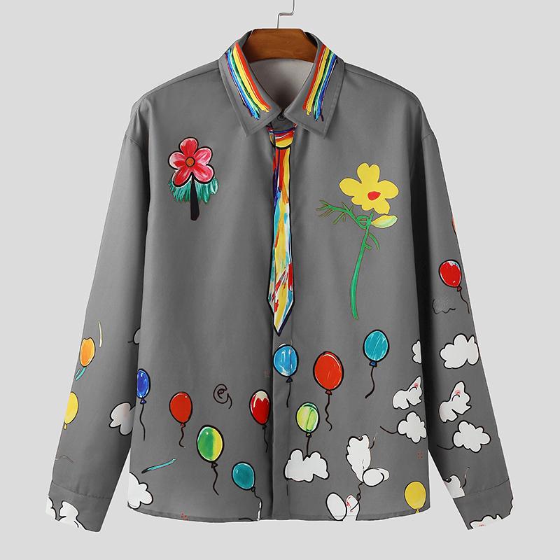 Oversized Neck Men Incerun Lapel Buttons Up Floral Print Casual Long Sleeve Shirts