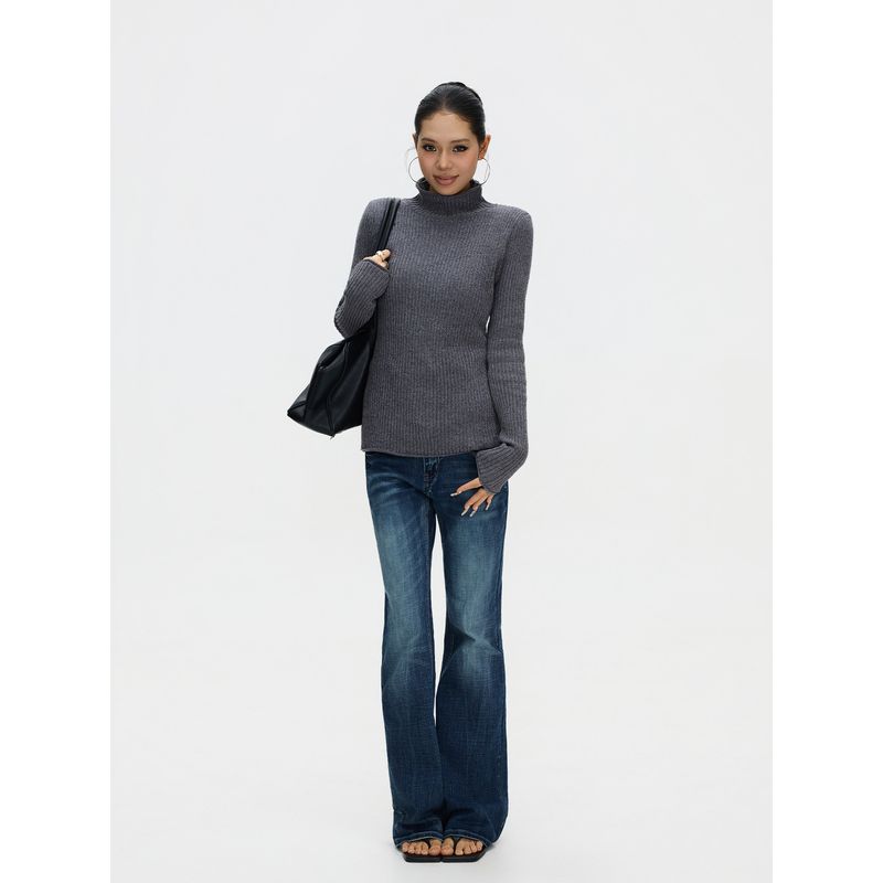 F383 American Retro Turtleneck Sweater for Women, Slim Fit, Knit Top, Long Sleeve, Versatile Base Layer Shirt