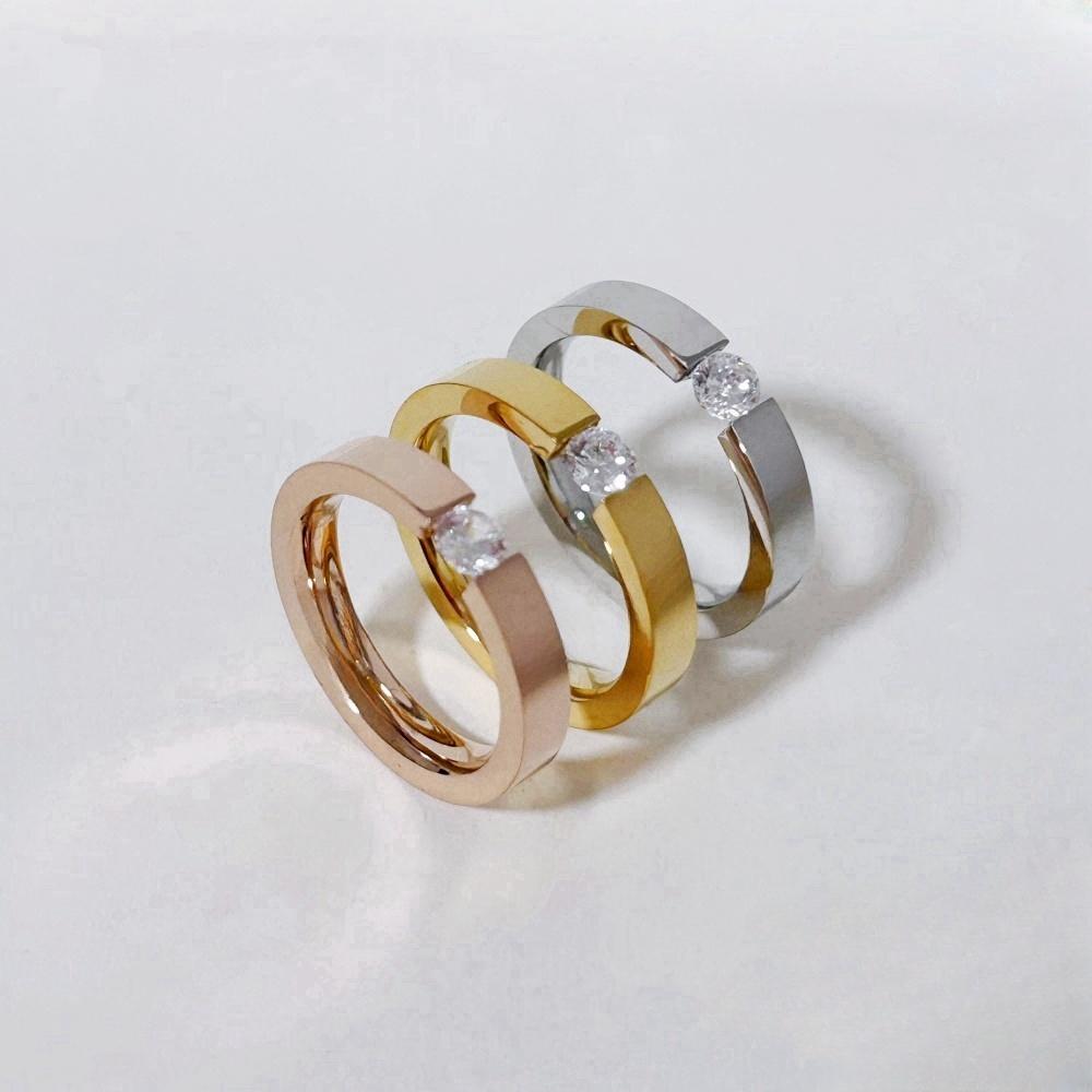 Stainless Steel Gold/ CopperColor 4 mm Zirconia Finger Rings for Men Women Size 5-10# Wedding Band Engagement Jewelry Gifts