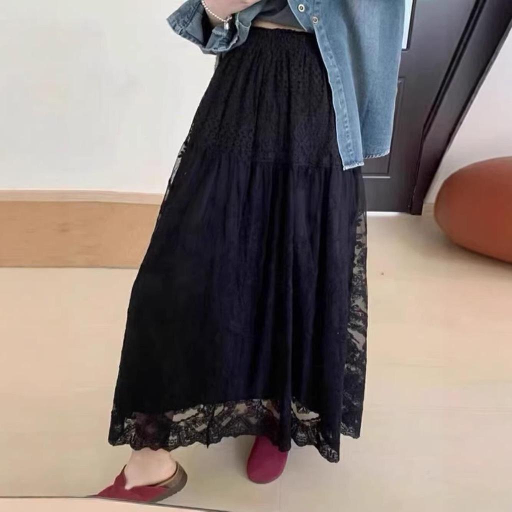 Elegant French Lace Embroidered A-Line Skirt for Women - High Waist, Wide Hem, Long, Layered Design for Autumn/Winter