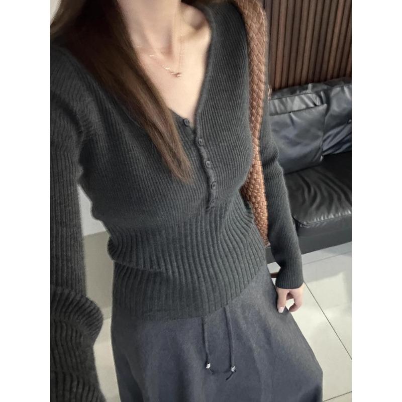 

Женская трикотажная базовая рубашка с длинным рукавом и серым воротником, новая высококачественная модель на весну, осень и зиму One size fits all [recommended 80-60kg] серый