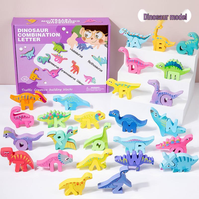 Creative Wooden Animal & Dinosaur Letter Blocks: Fun Educational Puzzle Toys for Kids