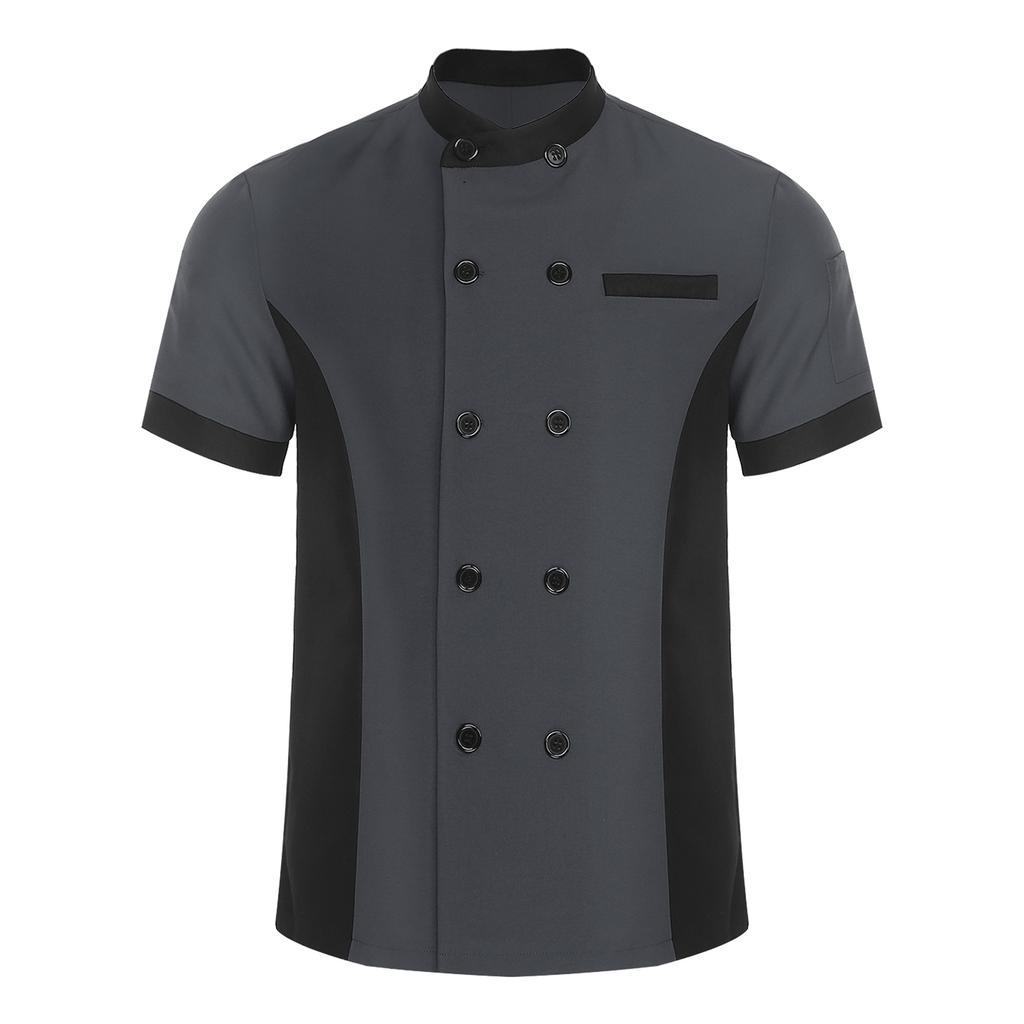 Unisex Kitchen Uniform Short Sleeve Color Block Chef Jacket Cook Coat Men Women Work Top