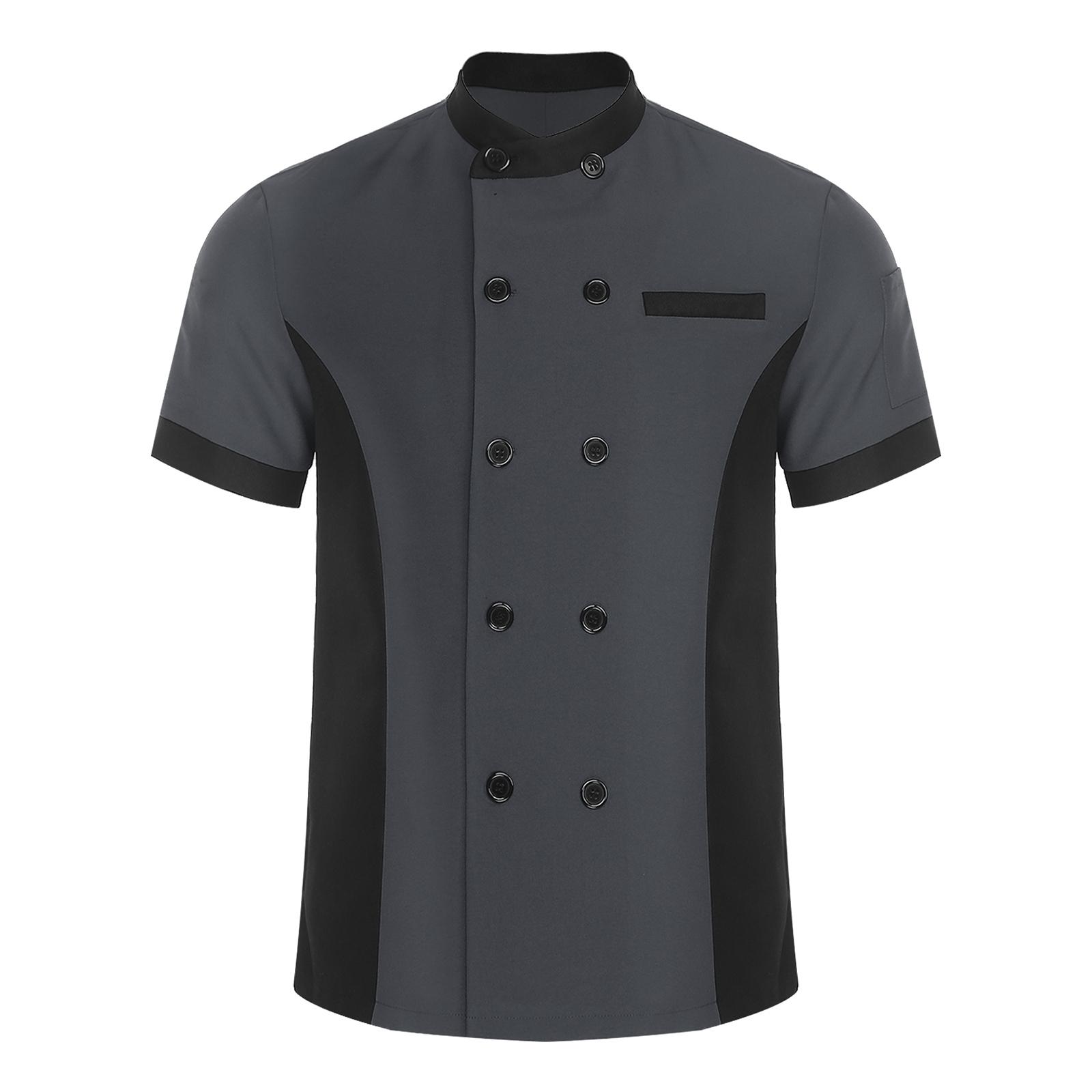 

Unisex Kitchen Uniform Short Sleeve Color Block Chef Jacket Cook Coat Men Women Work Top S сірий колір
