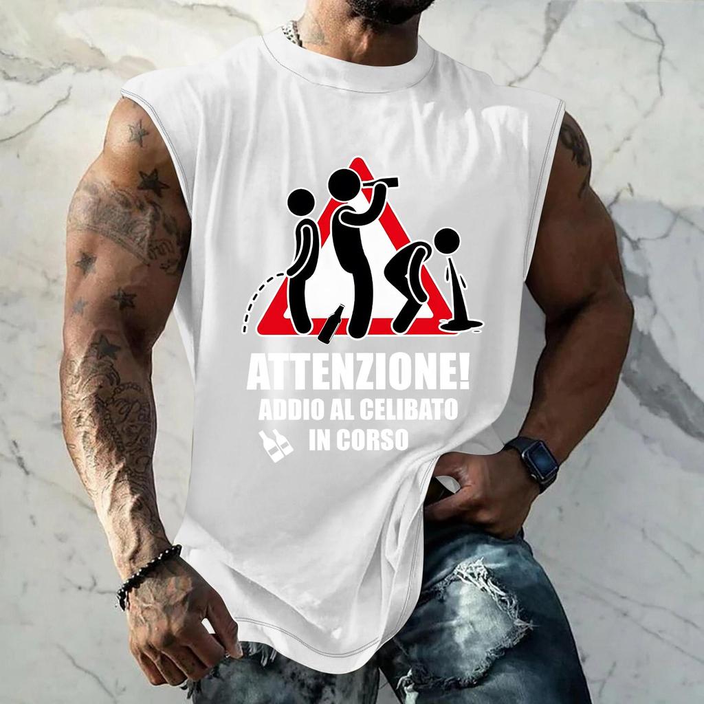 Men's Casual Loose Fit Sleeveless T Shirt Bachelor Party Graphic Print Warning Sign Design Summer Top for Outdoor Activities