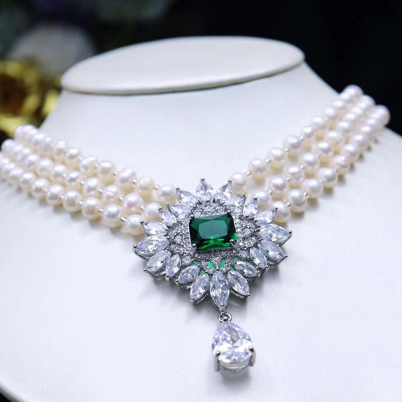 18K Gold-Plated Freshwater Pearl Necklace with Emerald Zircon, 6-7mm, Fashionable Clavicle Chain for Women