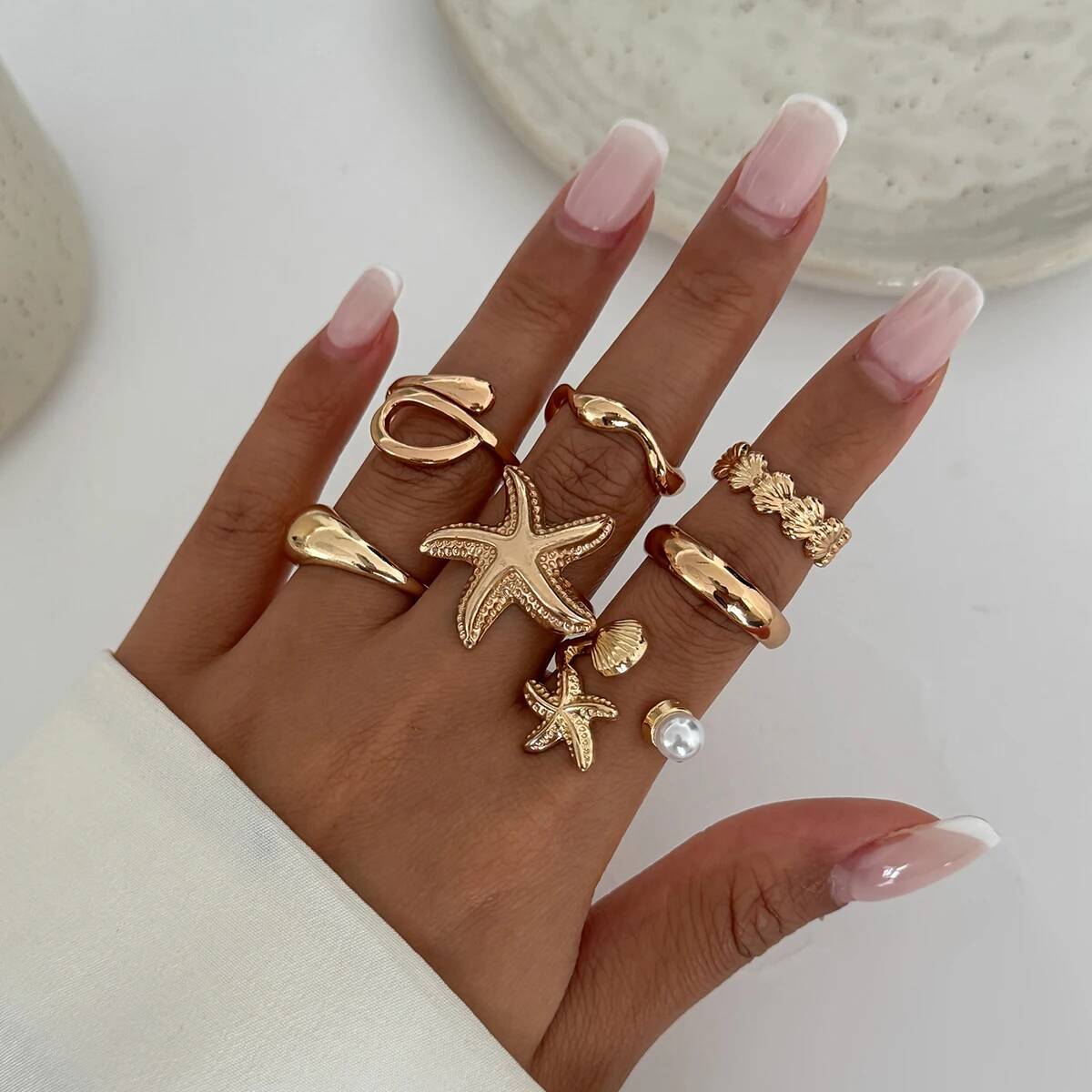 

Ingemark 8pcs/set Bohemian Starfish Scallop Open Ring for Women Elegant Imitation Pearl Irregular Knuckle Ring 2026 New Jewelry