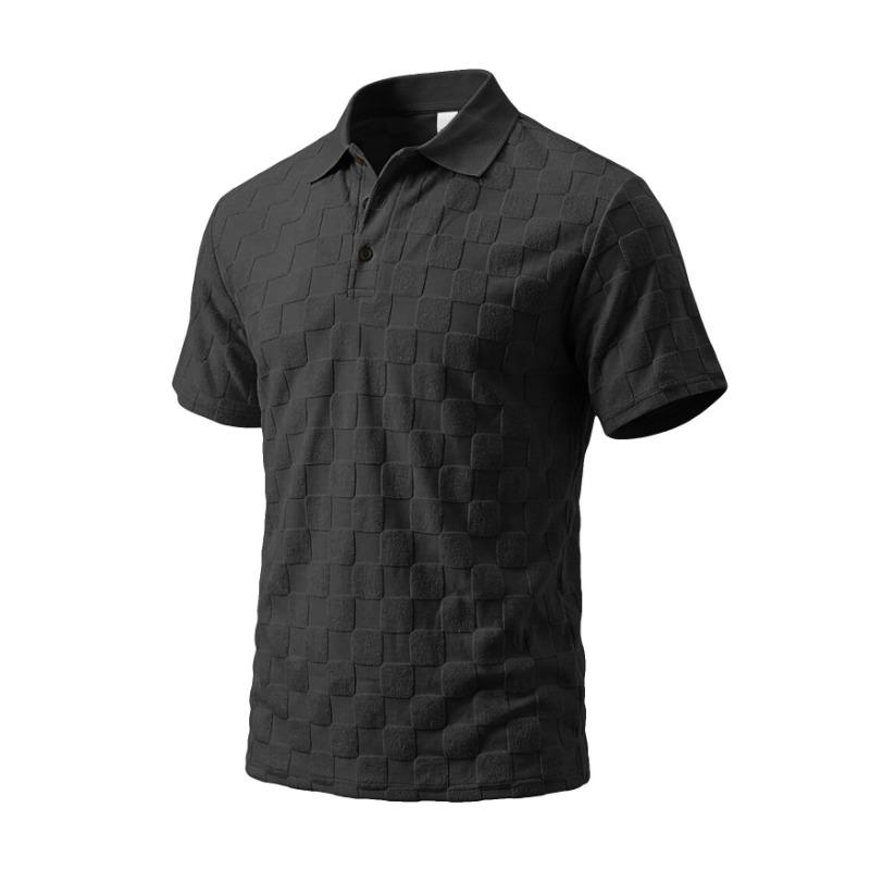 Mens Casual Check Jacquard Short Sleeve Collared Polo Shirt Breathable Loose Summer T-Shirt