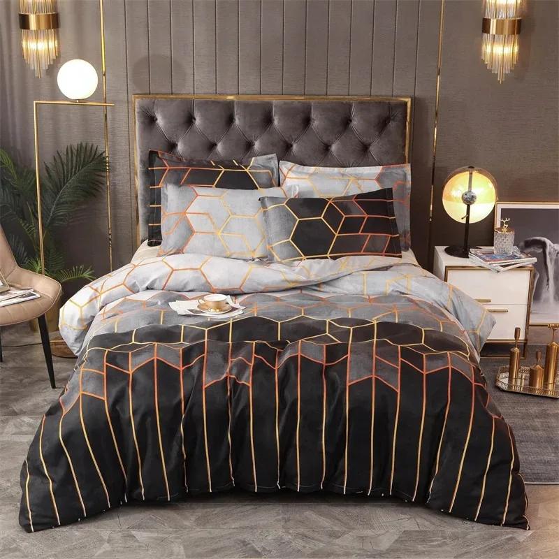 Comforter Wine Red Geometric Marble Pattern And 2 3-Piece Soft Fluffy Set With Zipluxury Bedding Set