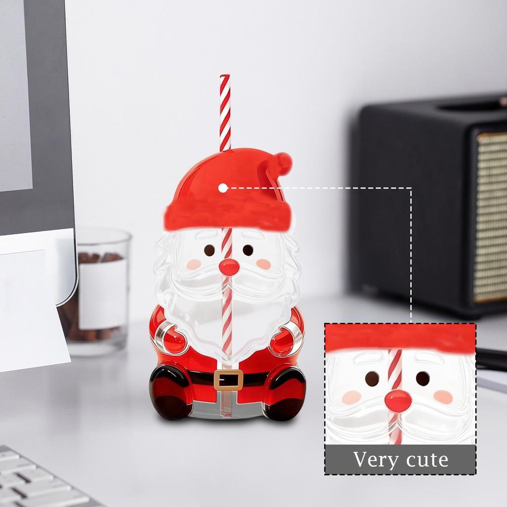 Santa Claus Shaped Straw Cup Clear Design with Removable Straw and Lid Reusable Plastic Drinkware for Holiday Use
