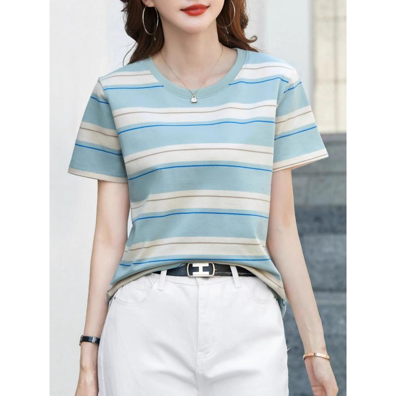 Summer New Striped Plus Size Loose Short Sleeve Women's T-Shirt Round Neck Casual Versatile Top Hot Item