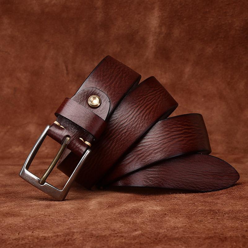 Belt Men's British Retro Distressed Emboss First Layer Cowhide Leather Hong Kong Style Arts Casual Jeans Belt Men's